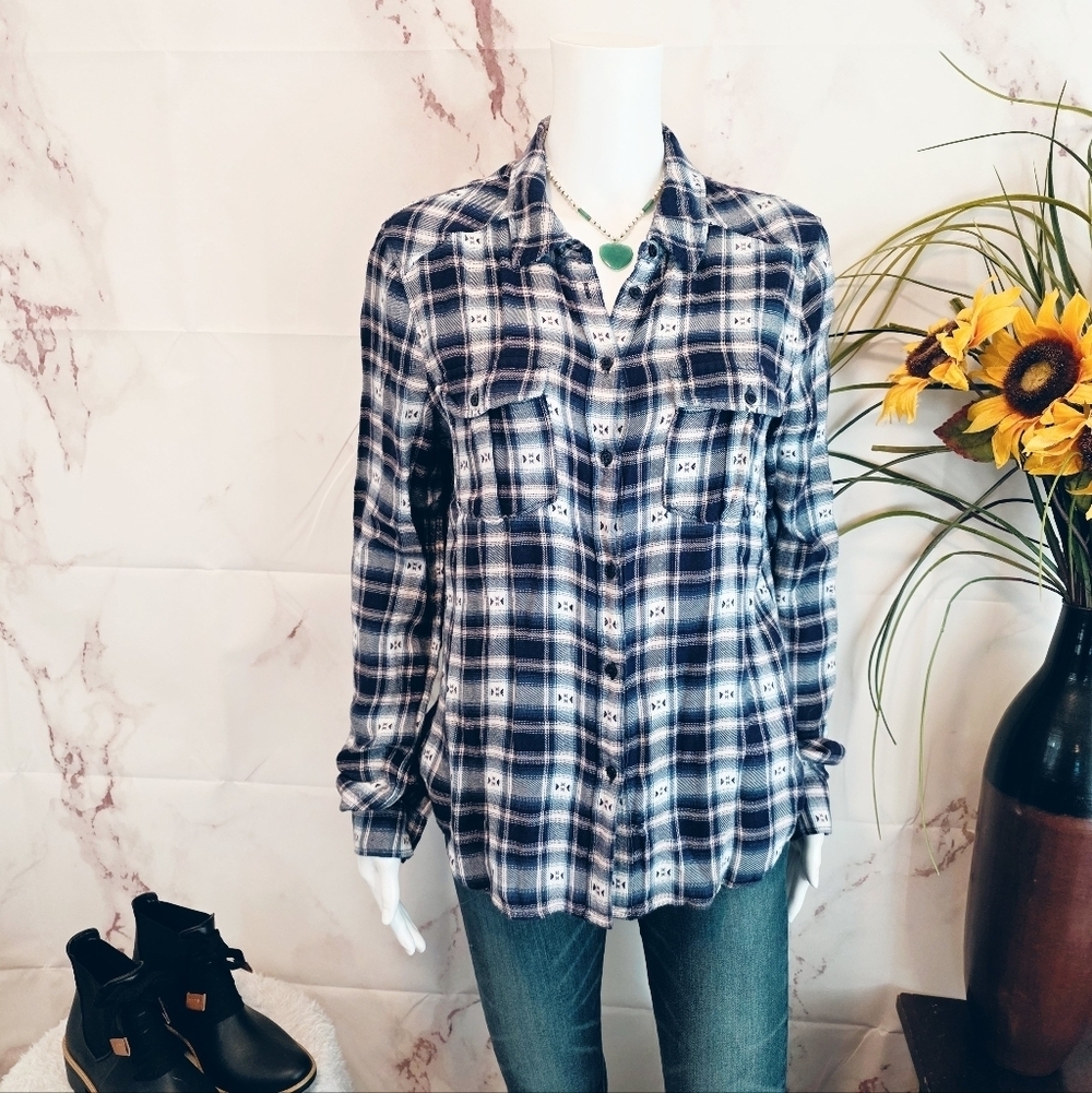 Paige Women's Soft Viscose Flannel Blue Plaid Button-Up Shirt